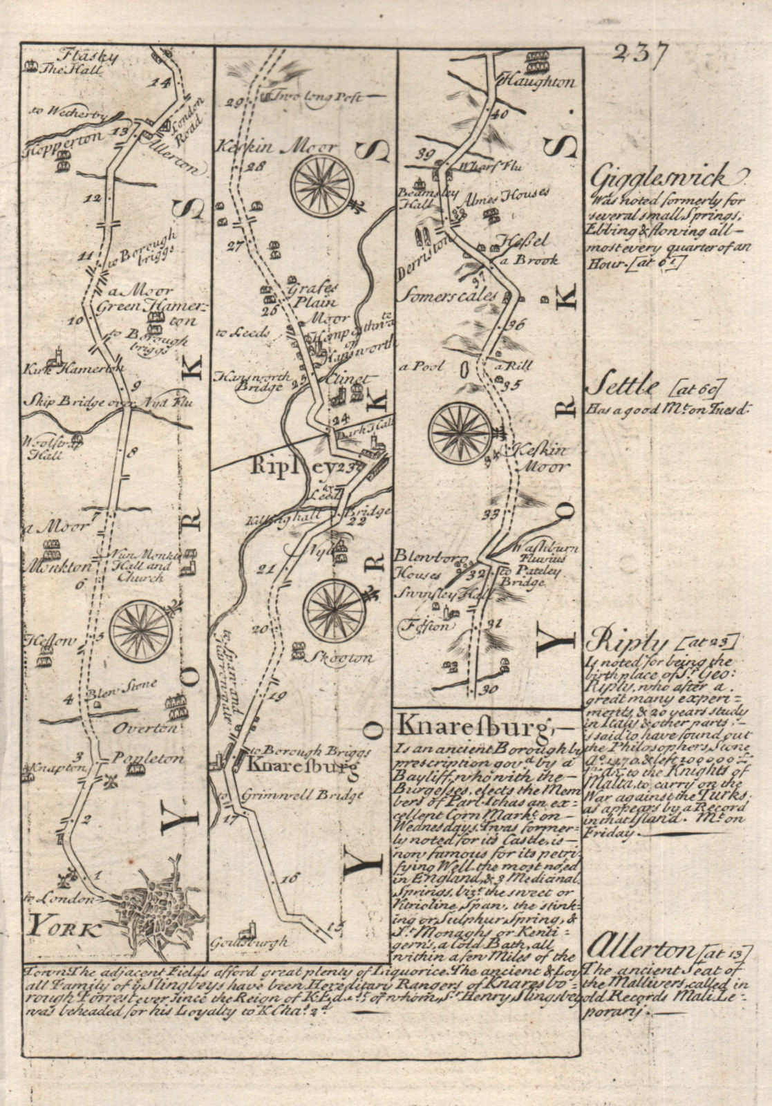 York-Knaresborough-Ripley road strip map by J. OWEN & E. BOWEN 1753 old